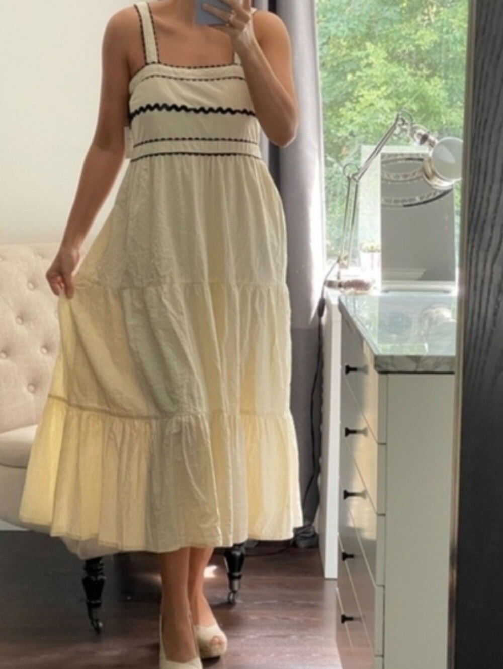 Japna Cream Cotton Tiered Midi Dress Black Ric Rac Trim Smocked Boho S